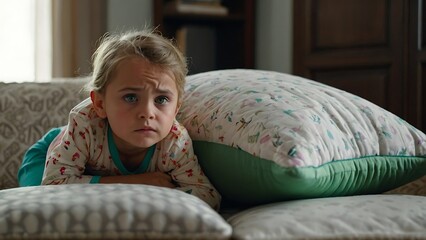 Portrait of sad little girl looking at camera while lying on bed at home