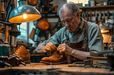 Elderly Craftsman Concentrating on Hand Sewing a Leather Shoe in his Workshop
 - obrazy, fototapety, plakaty