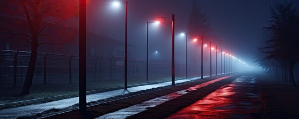 The darkened street comes alive under neon lights, with smoke swirling amidst spotlights casting their glow upon the asphalt.