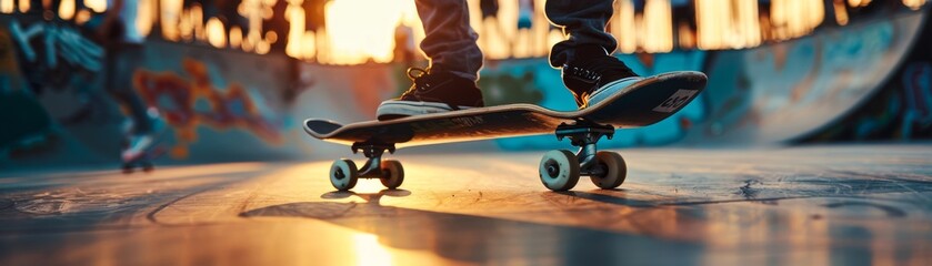 Close-up of a skateboard in motion at a skate park during sunset, with graffiti in the background.
