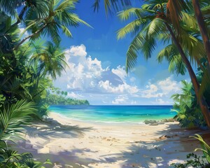 A vibrant digital painting of a tropical beach with clear blue waters and lush greenery.