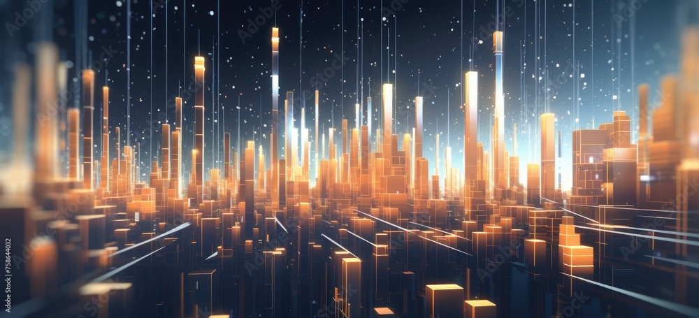 Poster visualize a bustling cityscape where towering buildings are interconnected by a web of data, symboli