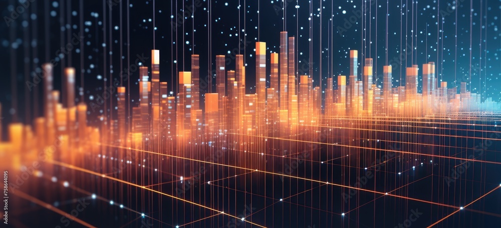 Poster visualize a bustling cityscape where towering buildings are interconnected by a web of data, symboli