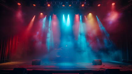 Pre-Show Ambiance: Colorful Stage Lighting and Haze Effect - obrazy, fototapety, plakaty