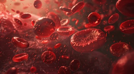 Close-up of red blood cells in a dynamic and detailed depiction of the human bloodstream.