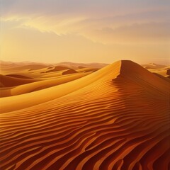 Fototapeta na wymiar Sunset casting golden hues over undulating sand dunes in a tranquil desert landscape.