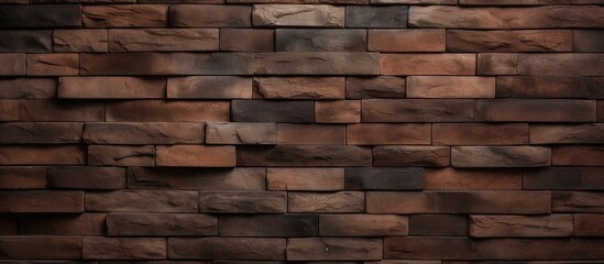 A detailed closeup of a rectangular brown brick wall showcasing the intricate pattern of the...