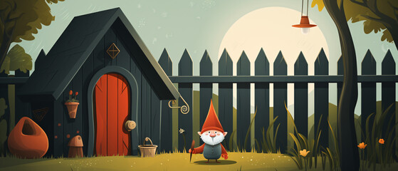 Backyard flat illustration with gnome statue standing