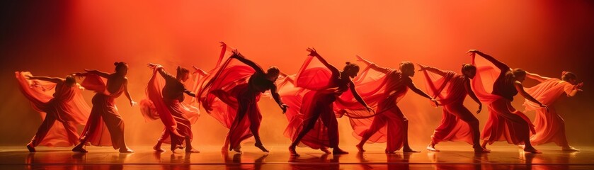 Contemporary dancers in red flowing dresses in motion on stage with a dramatic red backdrop.