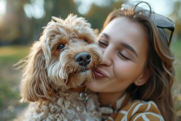 Close-up portrait of young beautiful girl hugging and kissing her cute dog while walking in autumn park. Love and affection between owner and pet.