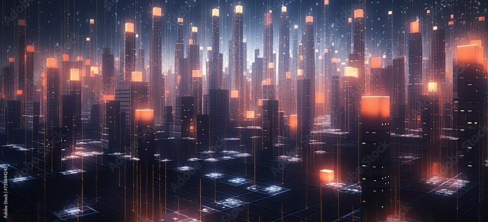 Poster picture a cityscape adorned with skyscrapers, each connected by a network of data streams, illustrat