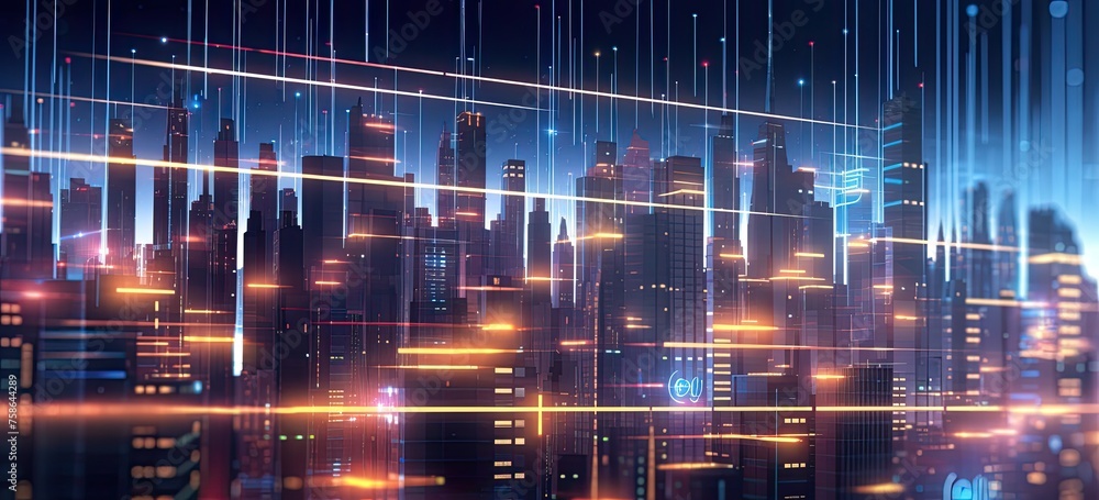 Poster picture a cityscape adorned with skyscrapers, each connected by a network of data streams, illustrat