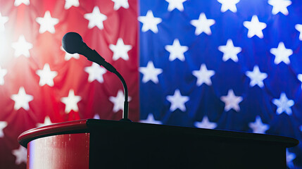 A microphone stands on a podium with a blurred American flag in the background implying a political event or speech