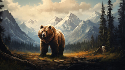 Bear in a Forest with mountains Oil Painting artwork 