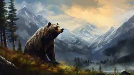 Poster Bear in a Forest with mountains Oil Painting artwork  © Natia