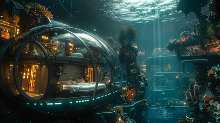 An underwater habitat with a futuristic design features a transparent spherical room with a cozy interior illuminated with soft lighting - obrazy, fototapety, plakaty