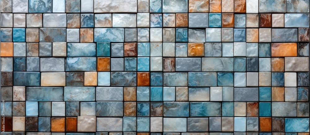 Poster the stained glass window displays an intricate pattern of azure rectangles, resembling a urban desig
