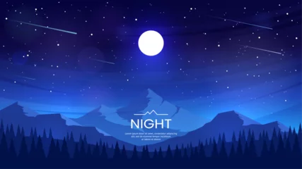 Fototapeten Night landscape. Full moon and stars in the dark sky. Silhouettes of mountain ranges and hills with forest. Mountain tops illuminated by the light of the moon. Evening twilight. Vector illustration. © i_mARTy