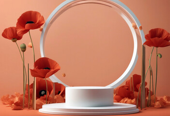  3D podium pedestal with natural red poppy field flower and round frame. Display