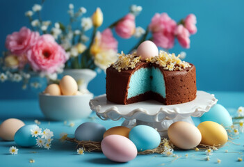 Obraz na płótnie Canvas text Easter cake banner nest Top blue russian greeting background flower view Happy eggs colorful poster Egg Orthodox Card Food Above Golden