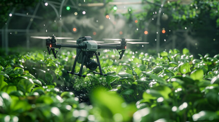 Agricultural drone flying over lush green crops with water droplets visible in the air, depicting modern farming technology in a greenhouse environment. - obrazy, fototapety, plakaty