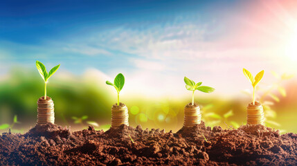 Four growing plants sprouting from stacks of coins in soil representing financial growth or investment concept with a sunrise backdrop