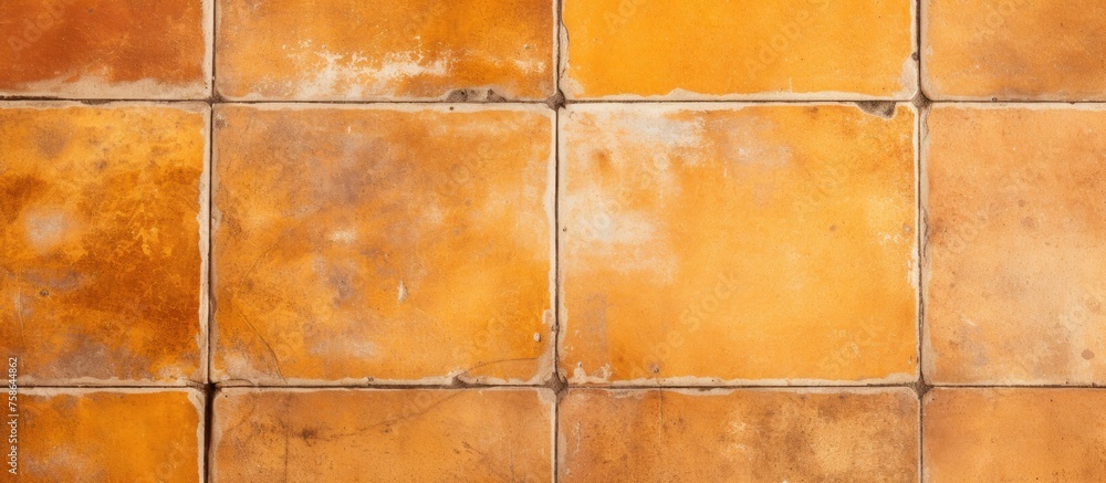 Poster a close up of a row of amber rectangle tiles on a brown wood wall, creating a pattern of tints and s