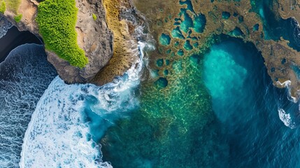 Aerial view of a natural rock pool along the coastline with waves breaking on the cliffs