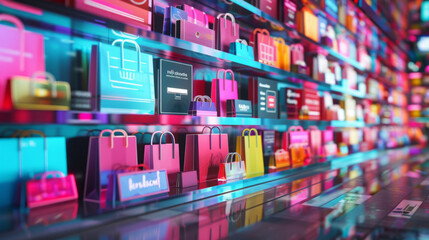 Colorful digital rendering of a modern shopping environment with rows of vibrant virtual shopping bags, indicating e-commerce and online shopping concepts. - obrazy, fototapety, plakaty