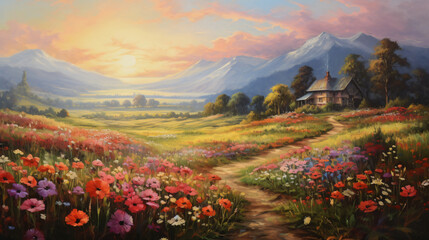 Beautiful cozy vintage oil painting of field of flower
