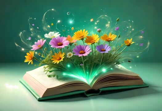 open book with a bouquet of wildflowers in a magical style on a green background.