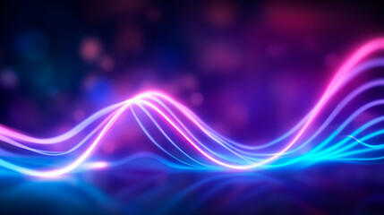 Abstract neon wave lines, bokeh lights, data transmission concept