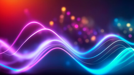 Abstract neon wave lines, bokeh lights, data transmission concept