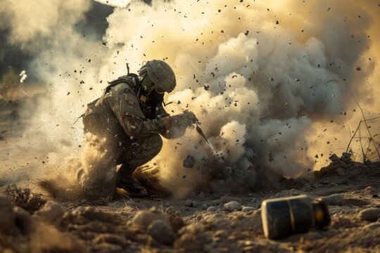 Bomb disposal technician defusing an improvised explosive device in a war zone, Generative AI