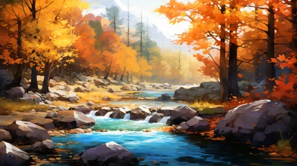 Gordijnen Beautiful fall river lines with colorful stones in autumn © Natia
