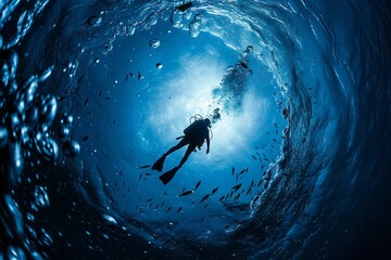 Deep-sea diver exploring the ocean depths, surrounded by swirling currents and exotic marine life, Generative AI