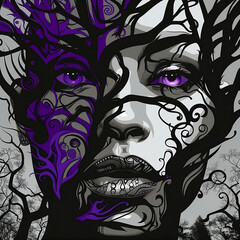 schwarz-weißes und graues Cartoon Porträt, Gesicht einer Frau mit lila gesichts design, Bäume, deren  Äste ihrem Haar verschmelzen, vektor, abbildung, kunst, ornament, hintergründe, dekor, dekoration,