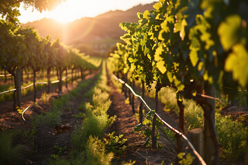 Extra wide panoramic shot of a summer vineyard shot at sunset ai generated art.