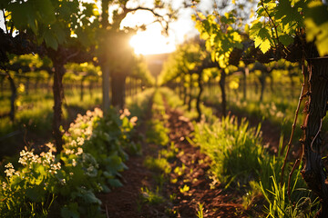 Sunrise in the vineyard in France ai generated art. 