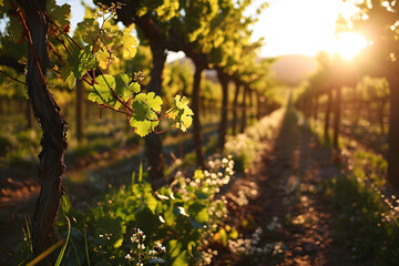 Sunsent over perfect rowed vineyard ai generated art.  - obrazy, fototapety, plakaty