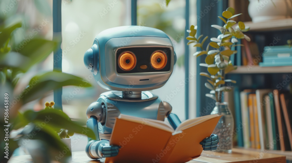 Poster a whimsical robot with a human-like expression reading a book attentively beside a window, surrounde