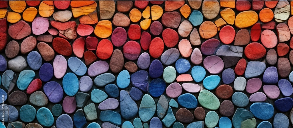 Poster A symmetrical pattern of colorful rocks stacked in a rectangle shape on a wall. The tints and shades create an artistic display resembling electric blue circles, resembling metallic flooring