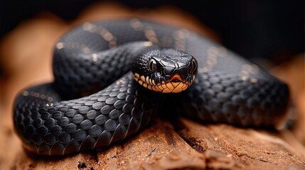 Black poisonous snake on a tree stump