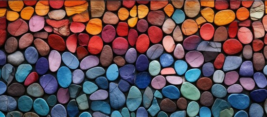 A symmetrical pattern of colorful rocks stacked in a rectangle shape on a wall. The tints and...