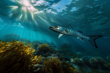 Fototapeta na wymiar Barracuda Gliding through Sunlit Waters. Sleek barracuda swimming just below the ocean's surface, catching the light