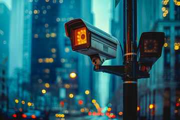 Illuminated Traffic Surveillance Camera on Urban Road at Night with Cityscape Backdrop
 - obrazy, fototapety, plakaty