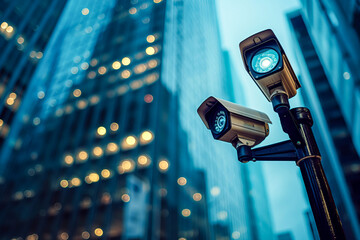 Twin Surveillance Cameras Overlooking City Street with Illuminated Skyscrapers at Twilight

 - obrazy, fototapety, plakaty