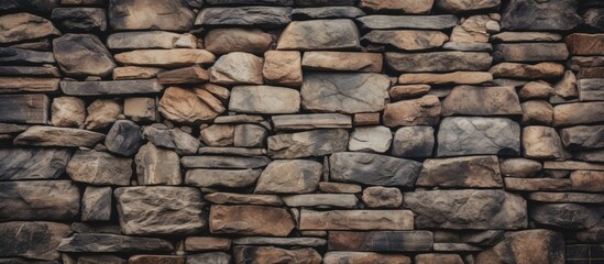 Fototapeta premium A close up of a stone wall made of a variety of rocks, showcasing a mix of cobblestone, brickwork, and rectangular stones. The wall is surrounded by lush green grass