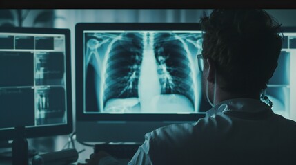 Medical professionals interpreting lung X-ray images. .
