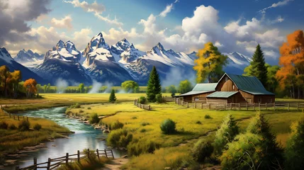 Schapenvacht deken met patroon Tetongebergte Beautiful painting of an acreage in the Grand Teton 